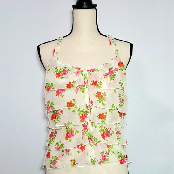 Hollister Floral Ruffle Top - White with Pink and Green - Picture 1 of 3